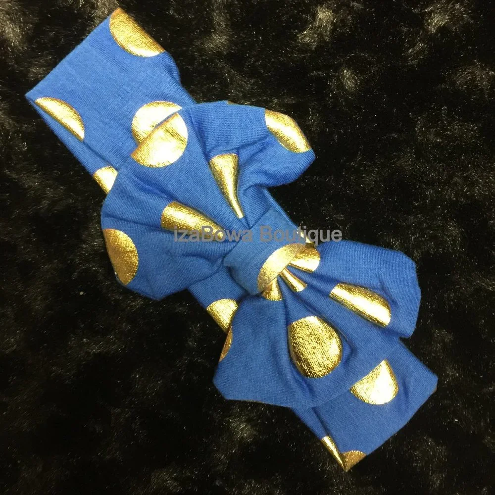 Royal Blue & Gold Dot Bow Tie Cotton Headband (2)  HB1001  Handmade NWT Boutique